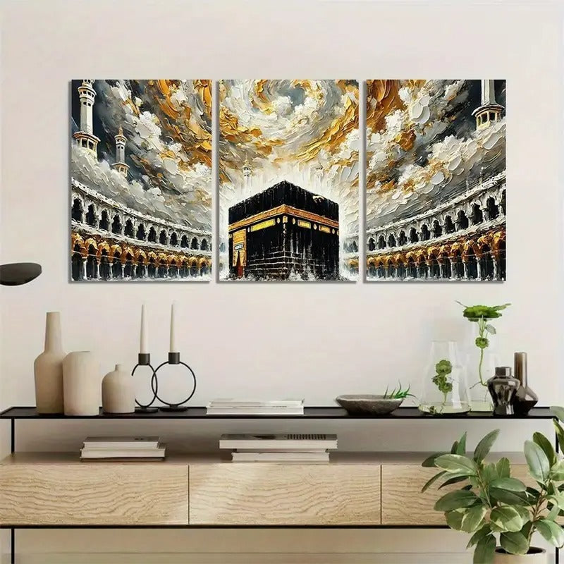 Khana Kaba Wooden Wall Art – 3 Piece Islamic Frame Set Made With Wooden Sticky tile, Each Frame 8x11 Inches, Easy To Install With Included Double Tape