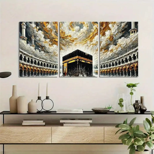 Khana Kaba Wooden Wall Art – 3 Piece Islamic Frame Set Made With Wooden Sticky tile, Each Frame 8x11 Inches, Easy To Install With Included Double Tape