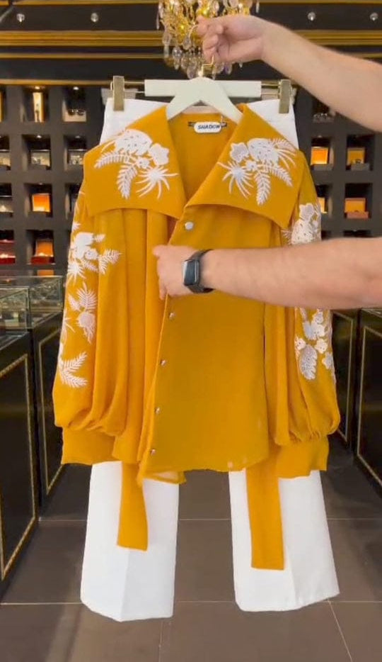 Women’s 3-Piece Mustard Embroidered Chiffon Western Maxi Set