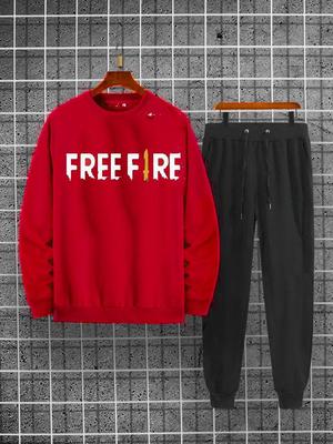 Men's Printed Fleece Sweatshirt Track Suit - 2 Pcs - Stylish Red