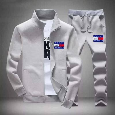 Men's Fleece Printed Zipper Track Suit - 2 Pc - Stylish Grey Activewear