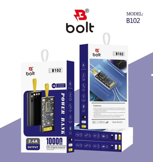 Bolt Power Bank B102 High-Capacity Portable Charger Designed To Keep Your Devices Powered Up On The Go 10,000mAh Battery
