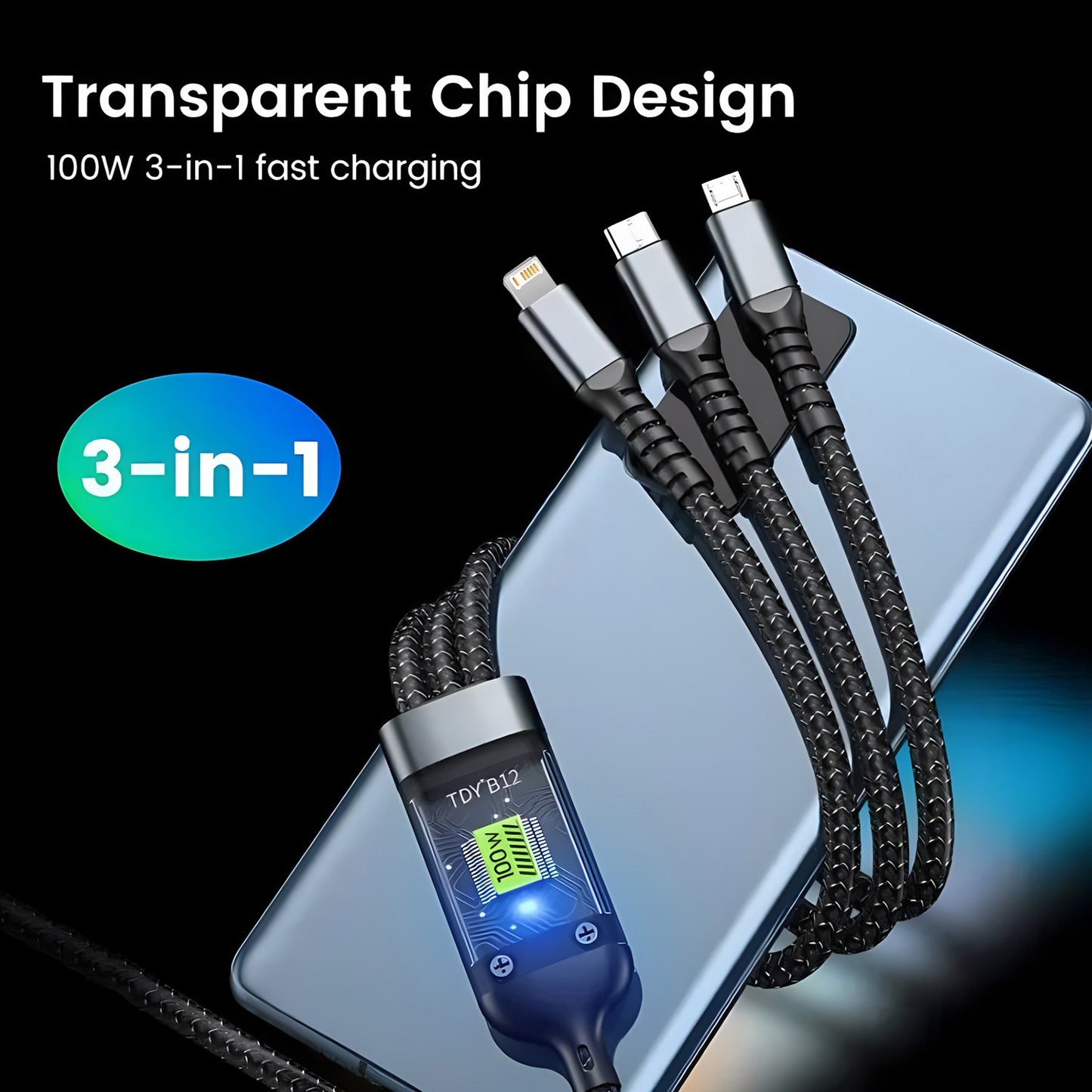 Fast Charging 3-in-1 USB Cable – Multi Charging Cable with Type-C, Micro USB & Lightning Connectors