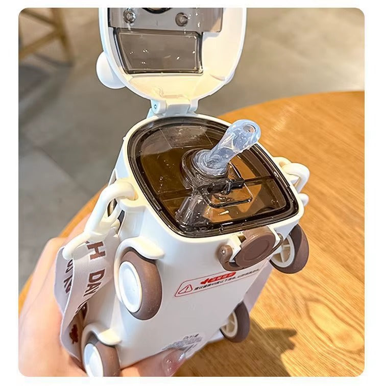 School Bus Design Kids Water Bottle With Strap– 500ml ABS Plastic Leak-Proof Bottle Small Square Drinking Cup