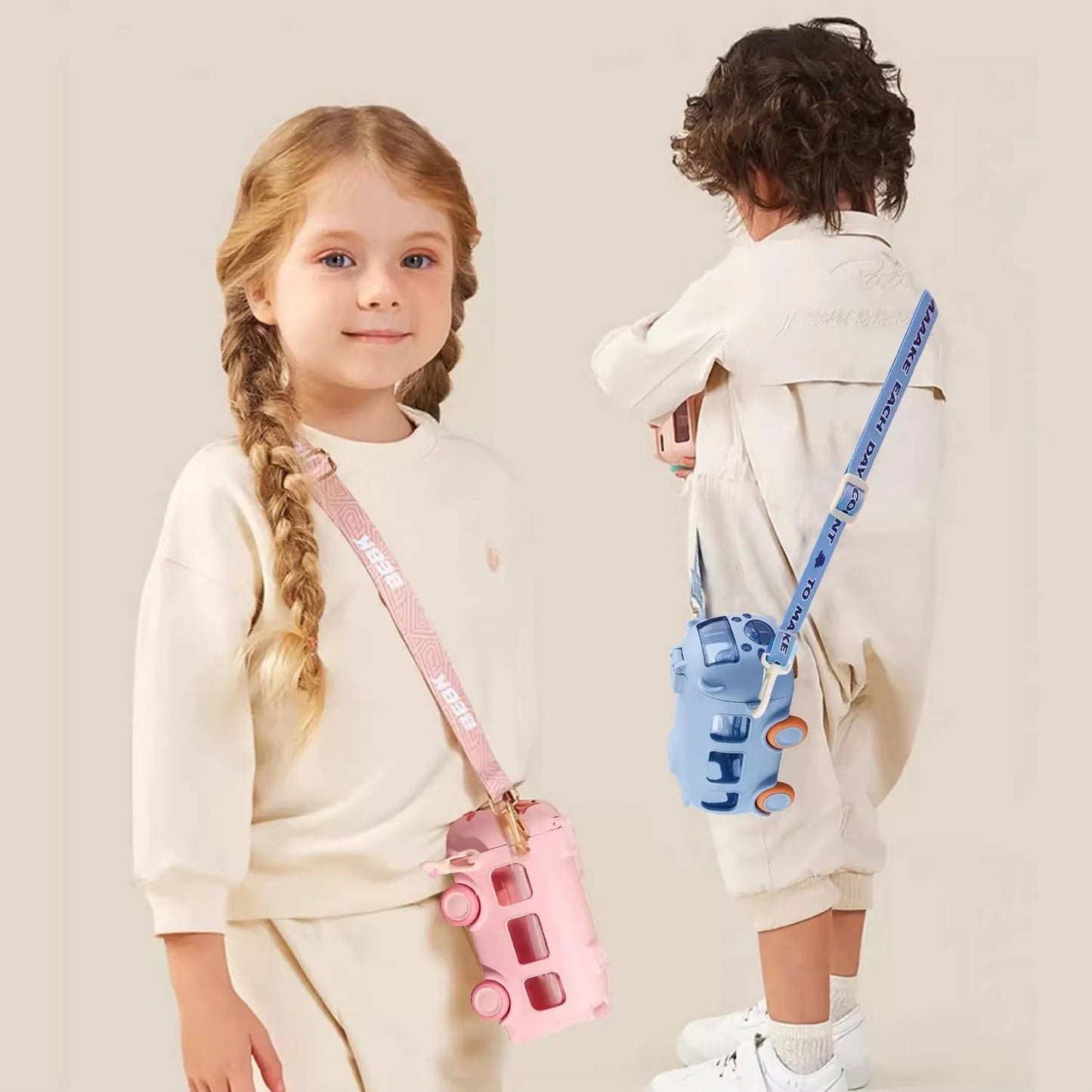 School Bus Design Kids Water Bottle With Strap– 500ml ABS Plastic Leak-Proof Bottle Small Square Drinking Cup