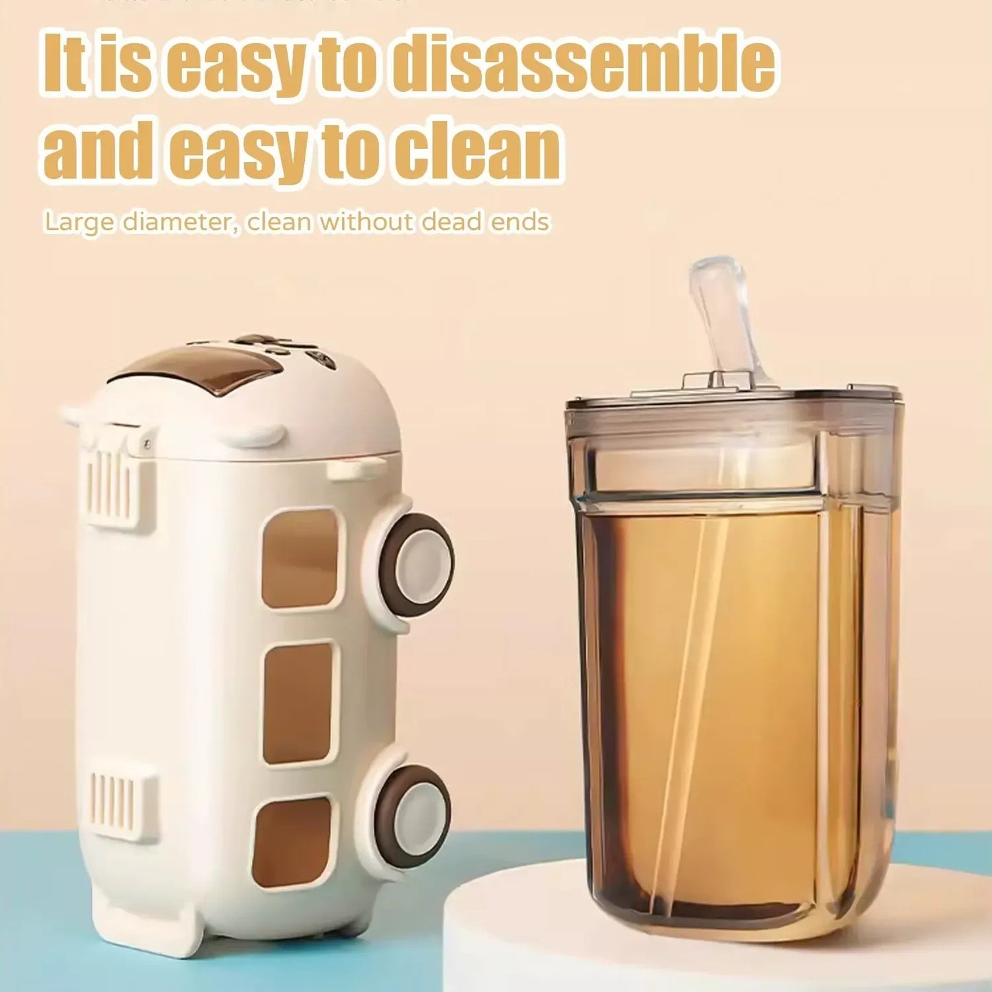 School Bus Design Kids Water Bottle With Strap– 500ml ABS Plastic Leak-Proof Bottle Small Square Drinking Cup