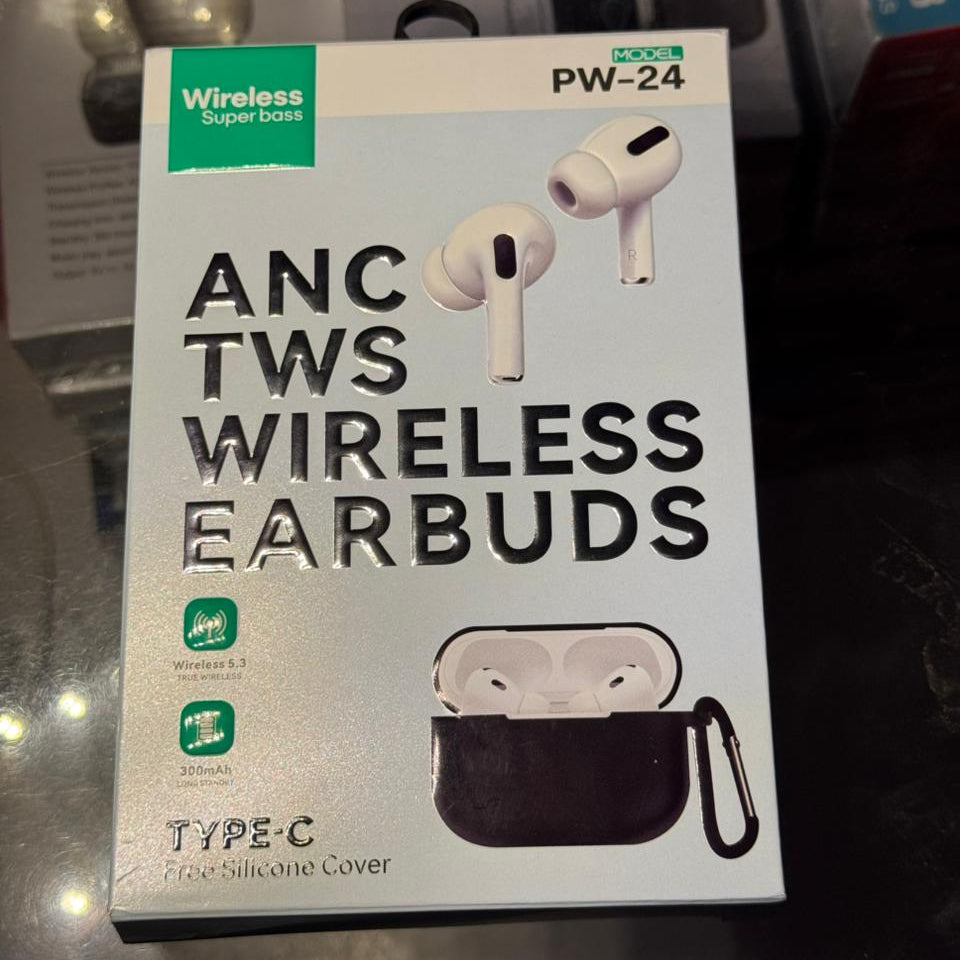 ANC TWS Wireless Earbuds PW-24 – Bluetooth 5.3 Earphones With Type-C Charging, Super Bass, Free Silicone Cover, And 300mAh Charging Case