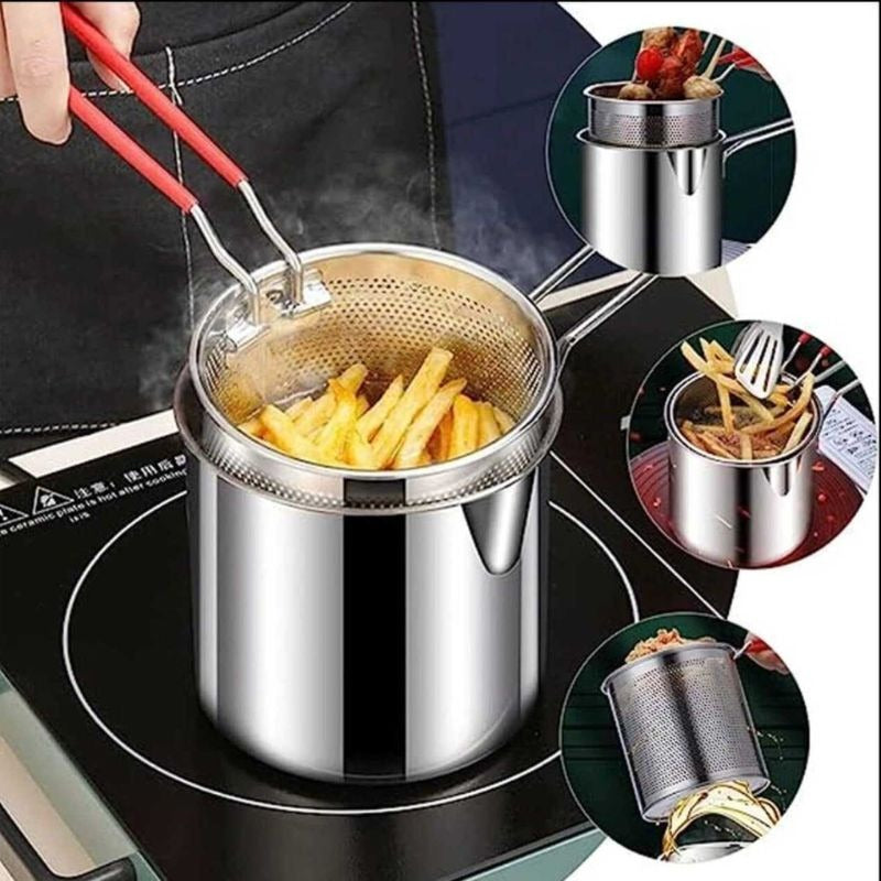 Stainless Steel Deep Fryer Pot with Strainer – Heavy-Duty Frying Pan for Home Kitchen Use – 1200ML Oil Capacity